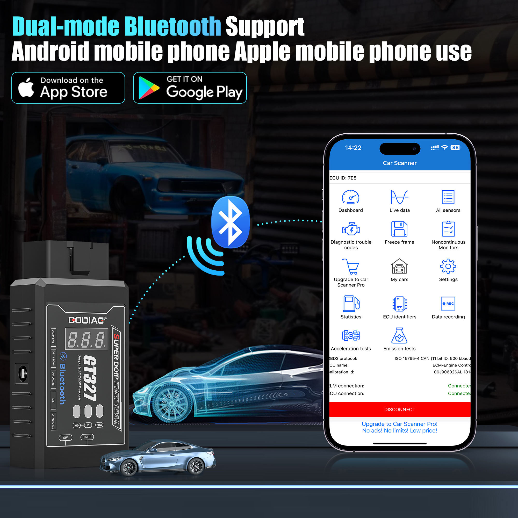 GODIAG GT327 SUPER DOIP ENET ELM327 v1.5 Bluetooth OBD II Scanner for iOS / Android / Windows Support Voltage Display